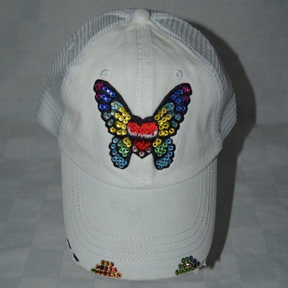 LeeLee Rox White Butterfly Swarovski Crystals Trucker Baseball Hat Cap - Picture 1 of 7